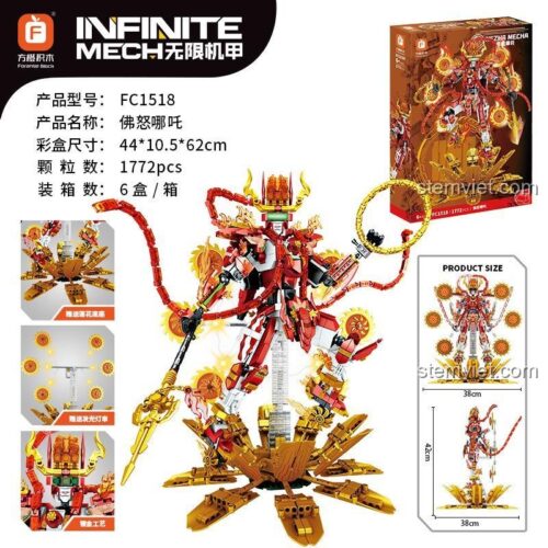 Hộp và kích thước của bộ xếp hình Forange FC1518 Mech Na Tra. Sản phẩm có đèn LED và 1772 chi tiết.