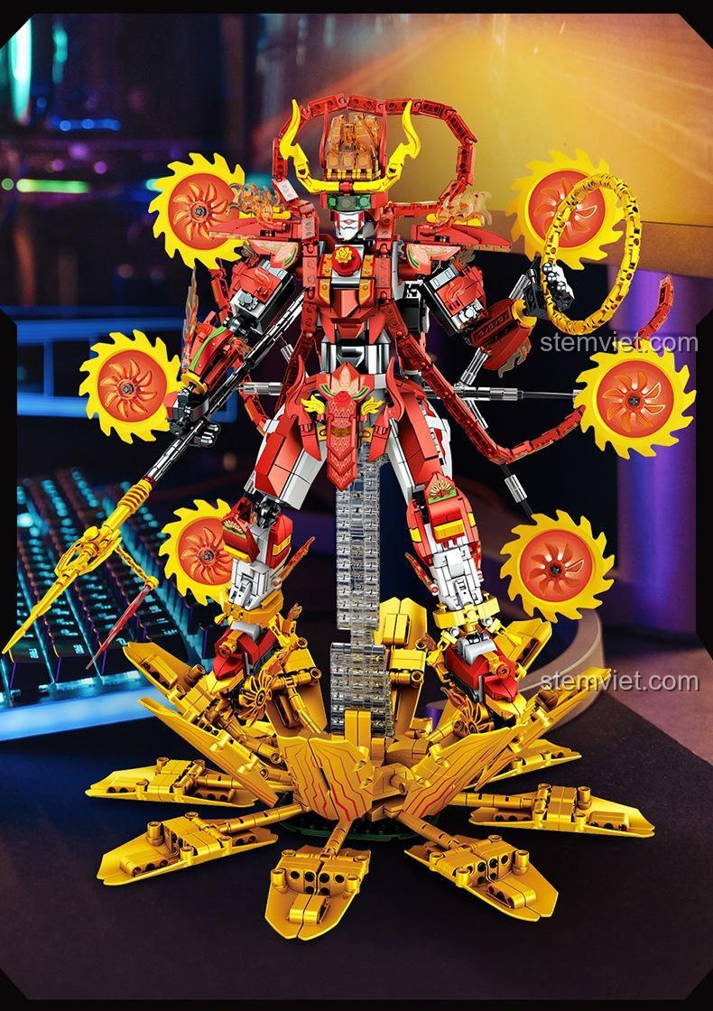 Chi tiết các tính năng nổi bật của bộ lắp ráp Robot Na Tra Forange FC1518: đế sen, đèn led, chi tiết mạ vàng.