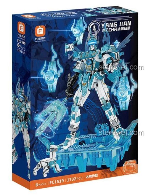 Toàn cảnh mô hình Mecha Nhị Lang Thần Forange FC1519 sau khi lắp ráp hoàn chỉnh, cao 48cm với màu xanh băng giá chủ đạo.