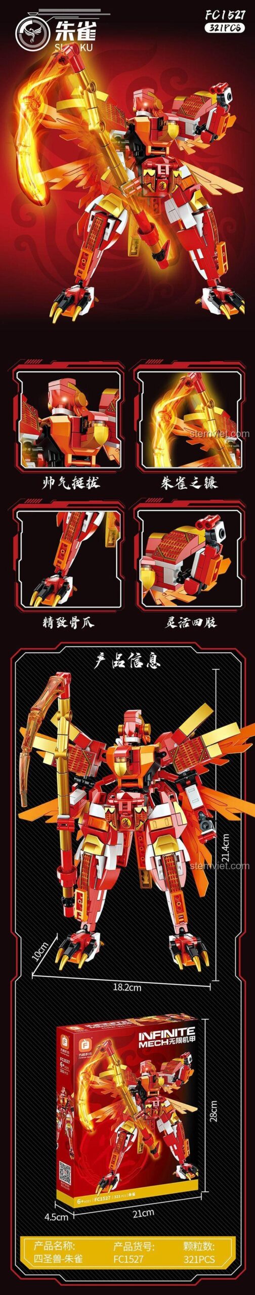 Ảnh kích thước bộ lắp ráp Cơ Giáp Tứ Thánh Thú Chu Tước Forange FC1527, cho thấy chiều cao 21.4cm, giúp bé trai 6 tuổi dễ hình dung, siêu tiết kiệm.