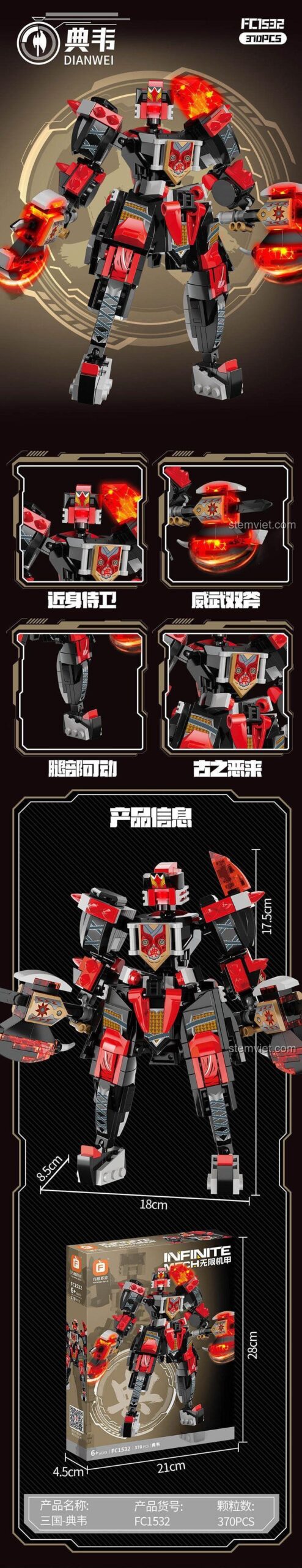 Mô hình Cơ Giáp Điển Vi Forange FC1532 chi tiết cao, robot lắp ráp cho bé trai 6 tuổi, thể hiện kích thước rõ ràng.