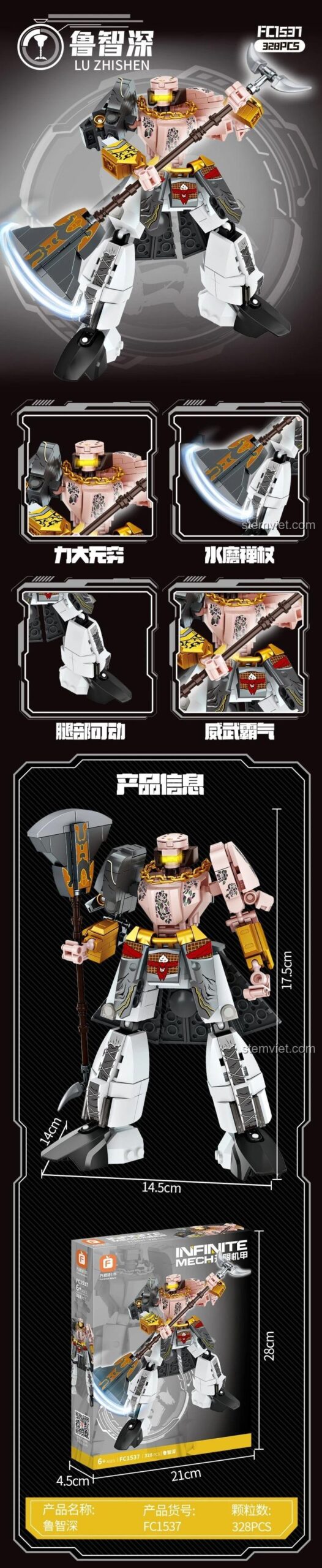 Mô hình Robot Lỗ Trí Thâm Forange FC1537 đã lắp ráp, thể hiện kích thước 17.5cm, chi tiết giáp cơ khí, đồ chơi lắp ghép cho bé trai 6 tuổi.