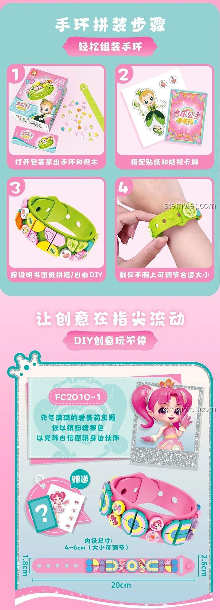 bé gái 6 tuổi đang chơi đồ chơi lắp ghép vòng tay Công chúa Âm nhạc Emily, hướng dẫn lắp ráp vòng tay xếp hình Forange FC2010, vòng tay sáng tạo cho bé gái