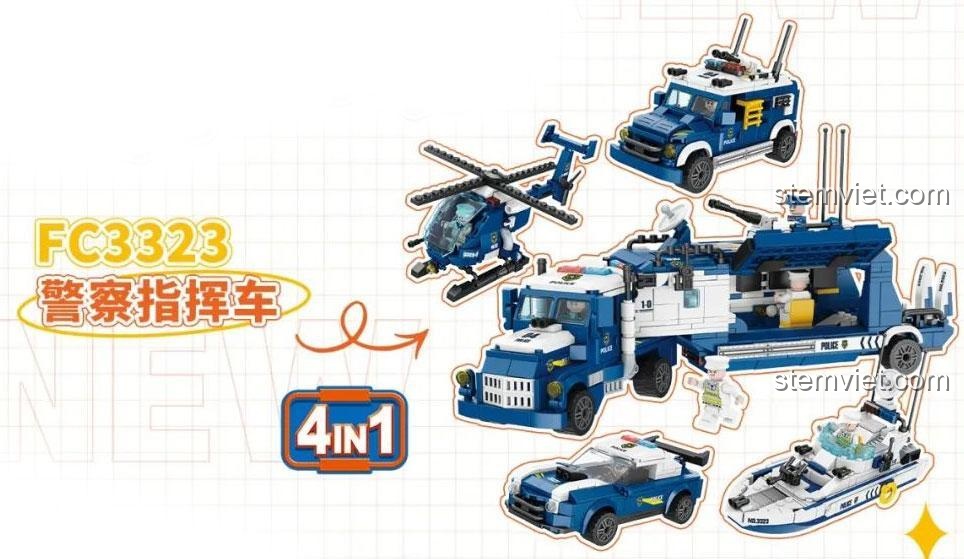 Bộ lắp ráp 4 trong 1 Forange FC3323 Xe Chỉ Huy Cảnh Sát, bao gồm trực thăng, thuyền, xe đua và xe bọc thép.