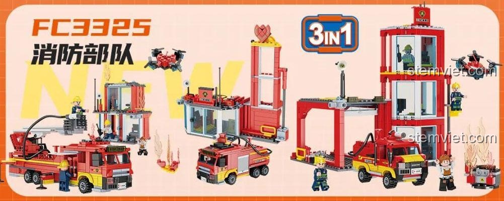 Đồ chơi lắp ráp Đội Cứu Hỏa Forange FC3325 lắp được 3 kiểu, phát triển sáng tạo cho bé trai 6 tuổi, chất lượng cao.