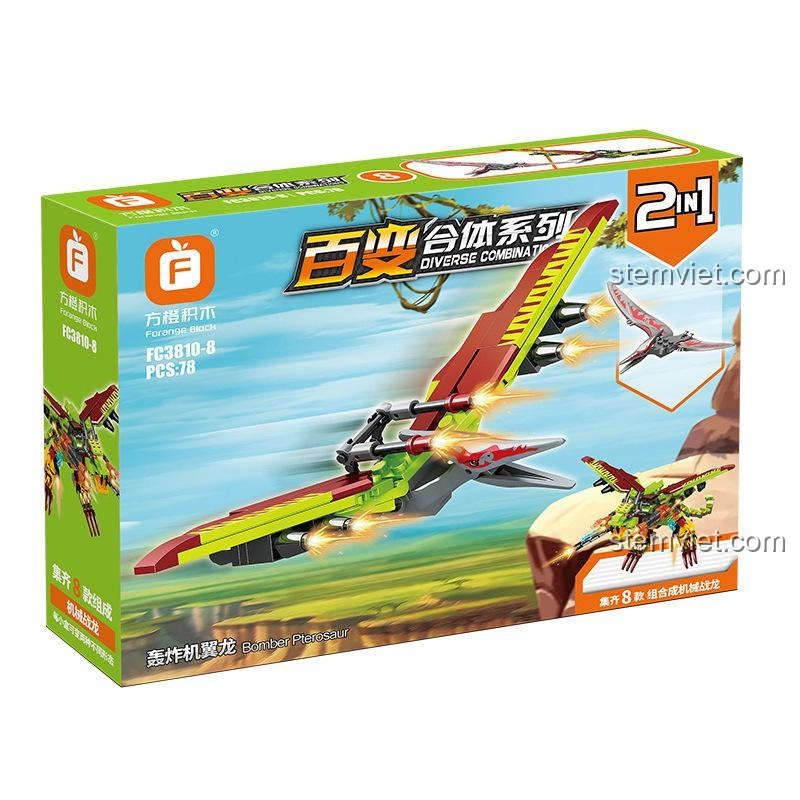 Hộp Robot Rồng chiến cơ FC3810-8 Khủng long bay Ném bom Pterosaur, đồ chơi lắp ráp an toàn cho bé.
