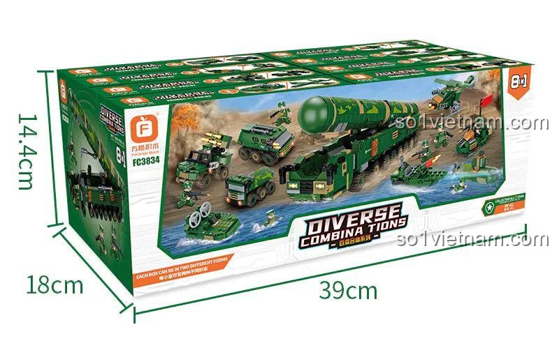 Hộp đồ chơi lắp ráp Forange FC3834 Tổ hợp tên lửa Đông Phong-41 8 trong 1, kích thước hộp 39x18x14.4cm, giá rẻ cho bé trai.
