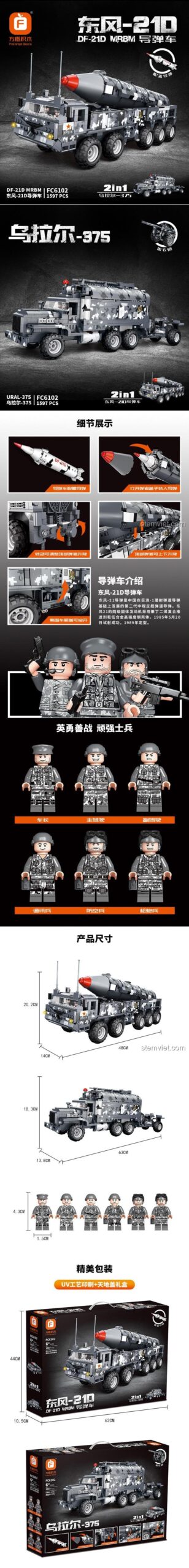 Thông tin chi tiết bộ lắp ráp Forange 6102, bao gồm kích thước hộp 62x10.5x44cm.