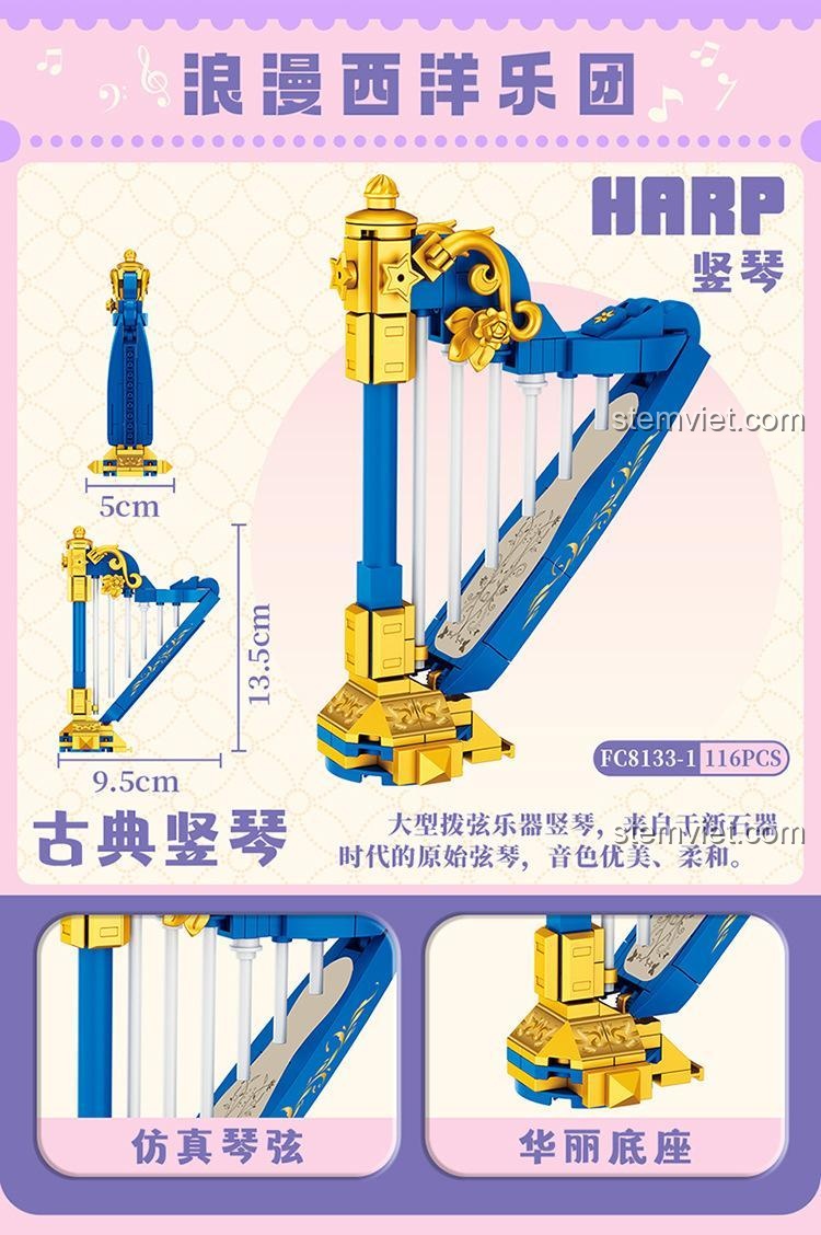 Chi tiết mô hình Đàn Hạc mini từ bộ lắp ghép Đàn Hạc mini Forange, có kích thước 13.5cm x 9.5cm.