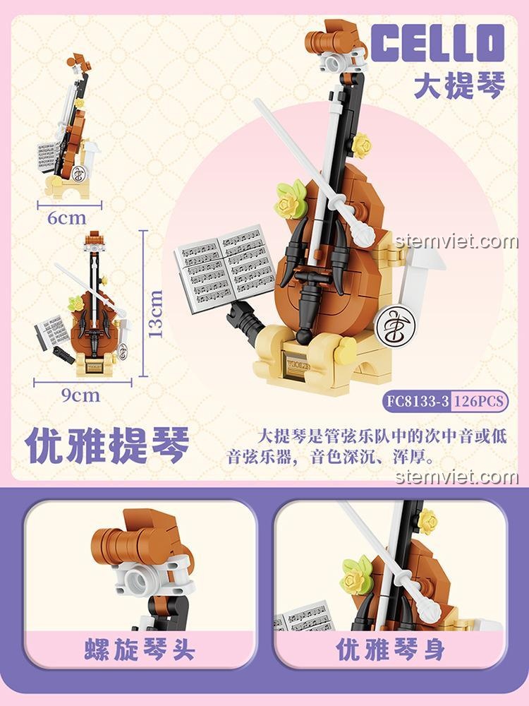 Đồ chơi mô hình Đàn Cello mini FC 8133, cao 13cm, với các chi tiết tinh xảo như đầu đàn xoắn ốc.