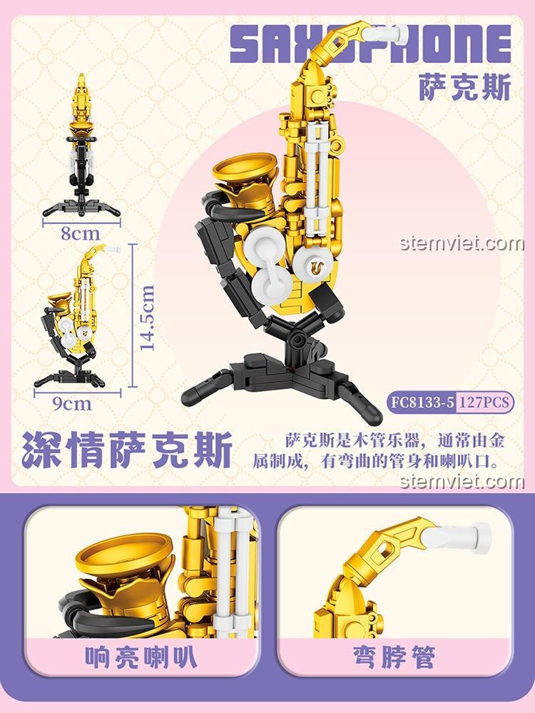 Mô hình Kèn Saxophone mini 8133 màu vàng gold, cao 14.5cm, một món đồ chơi mô hình Forange độc đáo.