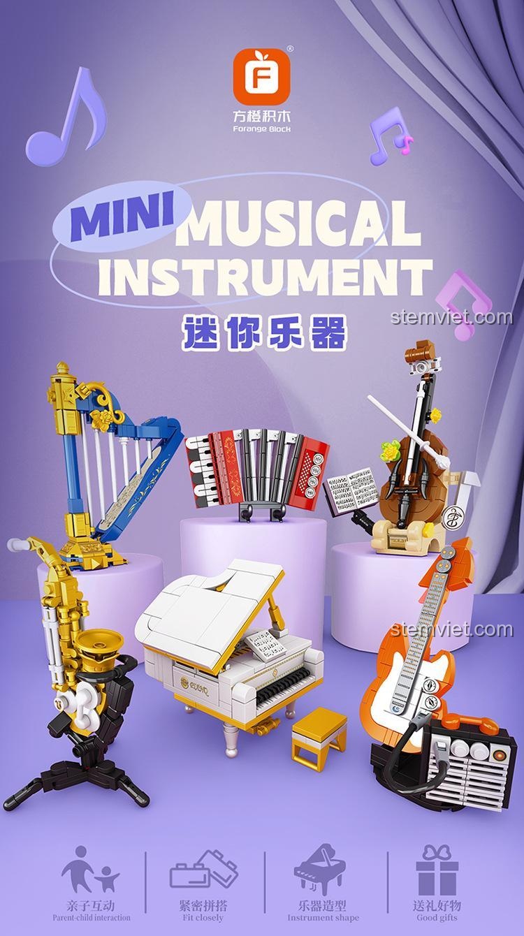 Ảnh quảng cáo bộ xếp hình Forange FC8133 với dòng chữ Mini Musical Instrument, phù hợp cho cả gia đình.