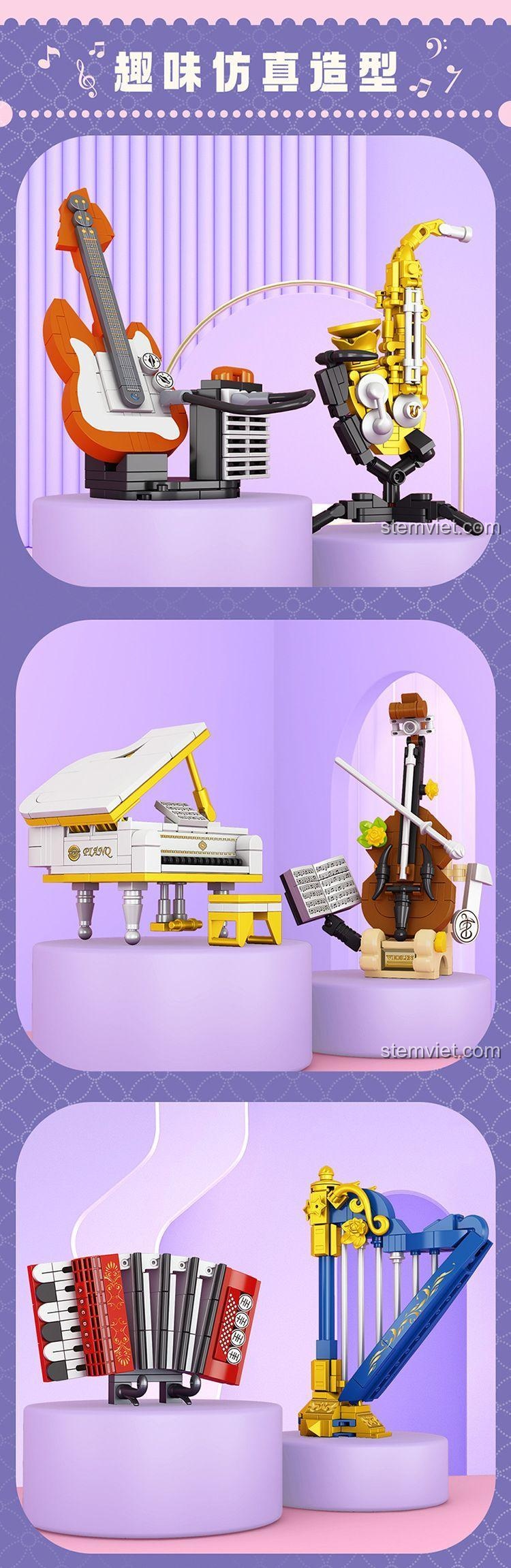 Các mô hình nhạc cụ mini được trưng bày trên kệ, thể hiện sự sáng tạo của bộ xếp hình Forange FC8133.