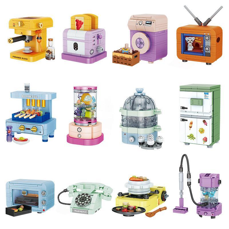 Bộ lắp ghép Forange FC8274 Bộ Gia Dụng Mini 12 Kiểu, mô hình máy pha cà phê, máy nướng bánh mì, máy giặt, tivi, lò nướng BBQ, máy ép trái cây, máy hấp trứng, tủ lạnh, lò nướng điện, điện thoại bàn, bếp ga mini, máy hút bụi, đồ chơi sáng tạo cho bé gái 6 tuổi giá tốt.