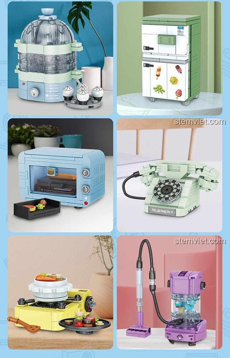 Chi tiết 6 mô hình gia dụng mini Forange FC8274: máy hấp trứng 103 mảnh, tủ lạnh 122 mảnh, lò nướng điện 118 mảnh, điện thoại bàn 97 mảnh, bếp ga mini 114 mảnh, máy hút bụi 100 mảnh. Bộ lắp ghép Forange FC8274 cho bé gái 6 tuổi.