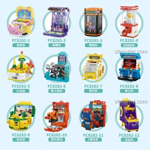 Trọn bộ 12 mô hình đồ chơi mô hình Forange FC8282, bao gồm máy gắp thú, máy nhảy, máy đua xe cho bé trai và bé gái.