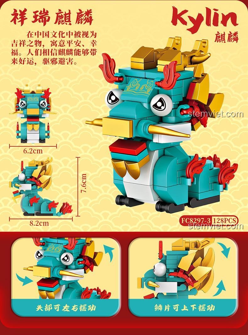 Mô hình Kỳ lân Forange FC8297, bộ lắp ghép 128 mảnh, chi tiết cử động đầu và vảy, mang ý nghĩa bình an, hạnh phúc.