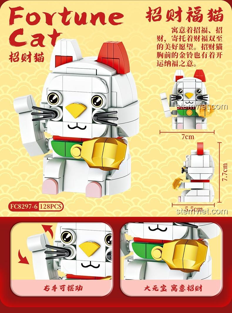 Mô hình Mèo thần tài Forange FC8297, bộ lắp ghép 128 mảnh, chi tiết tay phải vẫy, mang ý nghĩa chiêu tài, phúc lộc.