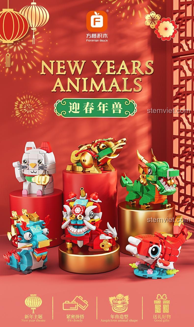 Forange FC8297 Linh vật may mắn, bộ 6 mô hình động vật phong thủy đón Tết, phù hợp bé 6 tuổi, chất lượng cao.