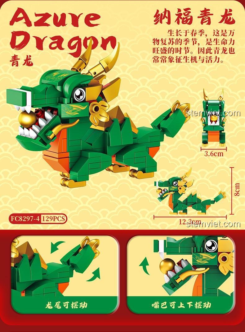 Mô hình Rồng xanh Forange FC8297, bộ lắp ghép 129 mảnh, chi tiết cử động đuôi và miệng, tượng trưng cho sức sống và năng lượng.