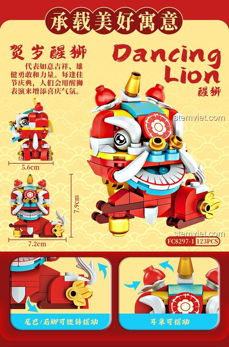 Mô hình Sư tử nhảy múa Forange FC8297, bộ lắp ghép 123 mảnh, chi tiết cử động đuôi và tai, mang ý nghĩa cát tường.