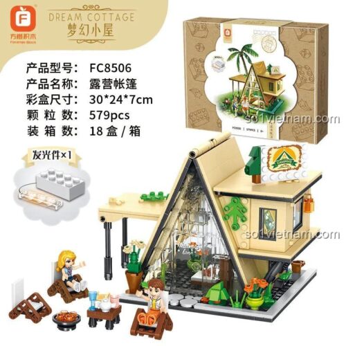 Hộp sản phẩm đồ chơi lắp ráp Mô hình Lều Cắm Trại Forange FC8506, có đèn LED, 579 mảnh
