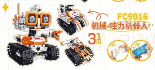 Các mẫu lắp ráp của bộ đồ chơi Forange FC9016: Robot Wall-E, xe tăng và bọ cạp. Sản phẩm có thể điều khiển từ xa bằng tay cầm hoặc app điện thoại.