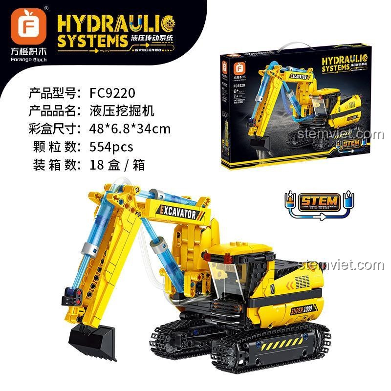 Thông số kỹ thuật của đồ chơi mô hình Forange FC9220 Máy xúc thủy lực, bao gồm 554 mảnh ghép.