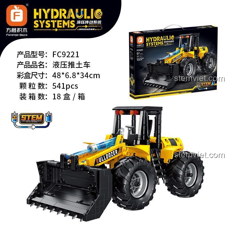 Thông số kỹ thuật bộ xếp hình Xe ủi công trình Forange 9221, gồm 541 mảnh ghép, kích thước hộp 48x6.8x34cm.