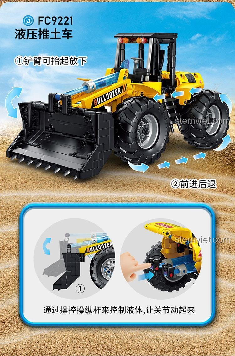 Tính năng của đồ chơi xếp hình Forange FC9221, có thể nâng hạ gầu ủi bằng hệ thống thủy lực và di chuyển tiến lùi.