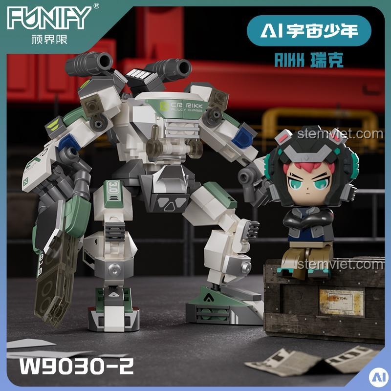 Đồ chơi mô hình FUNIFY W9030-2 RIKK, robot AI vũ trụ thiếu niên màu xám xanh lá, khớp nối linh hoạt, cho bé trai 8 tuổi.
