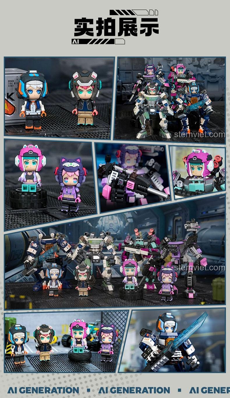 Ảnh thực tế bộ lắp ghép FUNIFY W9030, trưng bày các robot AI vũ trụ thiếu niên và minifigure trong nhiều tư thế, chất lượng cao.