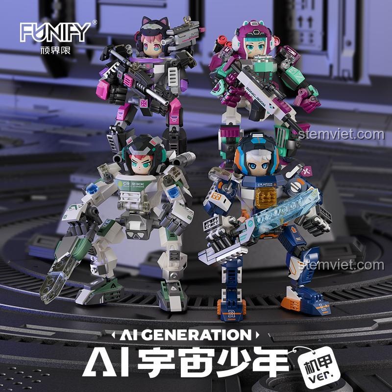 Bộ khối lắp ghép FUNIFY W9030, 4 robot AI vũ trụ thiếu niên cùng minifigure, chất lượng cao, đáng tiền cho bé trai.