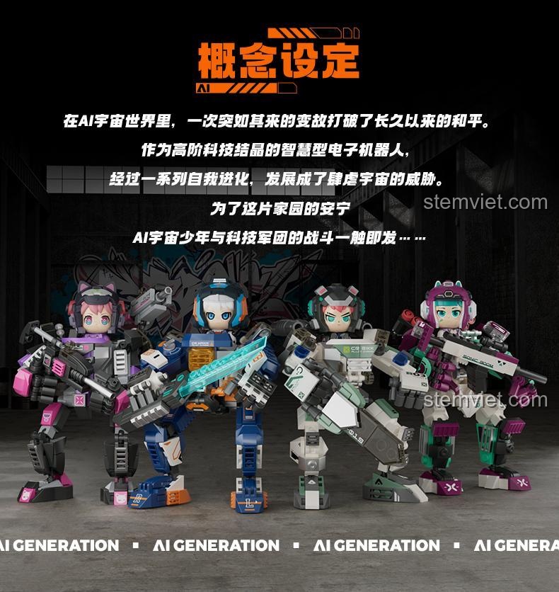 Bối cảnh câu chuyện của bộ lắp ghép FUNIFY W9030 AI Vũ Trụ Thiếu Niên, giới thiệu về thế giới AI và các chiến binh robot.