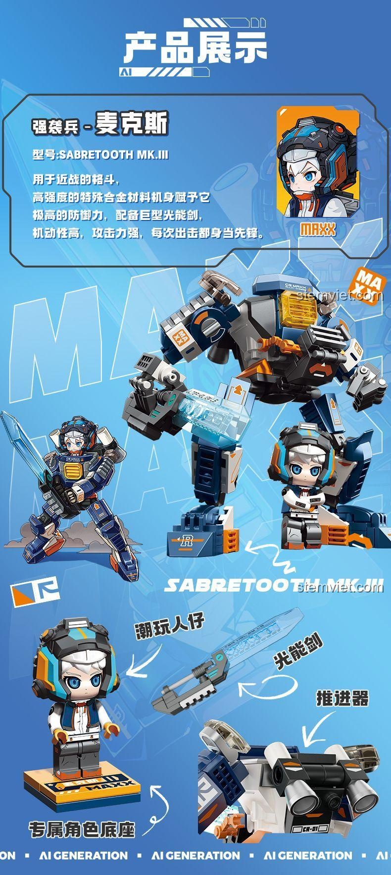 Chi tiết mô hình FUNIFY W9030 MAXX, chiến binh tấn công SABRETOOTH MK.III, mô tả vũ khí và khả năng di chuyển, cho bé trai.