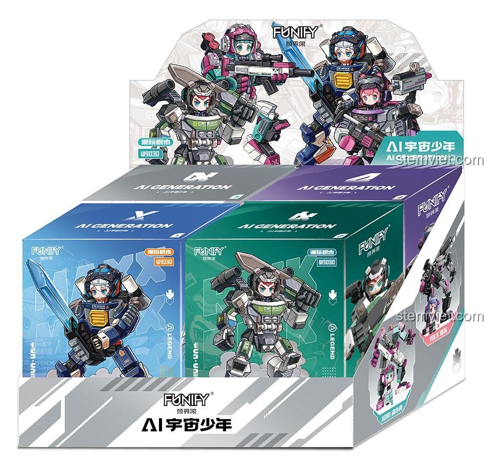 Hộp sản phẩm bộ lắp ghép FUNIFY W9030, chứa 4 hộp nhỏ riêng biệt của robot AI vũ trụ thiếu niên, thiết kế đẹp mắt.