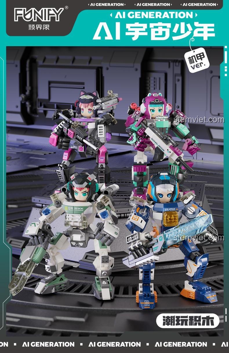 Bộ lắp ghép FUNIFY W9030 AI Generation, 4 robot chiến đấu AI vũ trụ thiếu niên, đồ chơi lắp ráp chất lượng cao, cho bé trai.