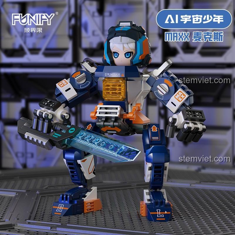 Mô hình Mecha AI FUNIFY W9030 MAXX trong tư thế chiến đấu, thể hiện khớp nối linh hoạt và vũ khí độc đáo, cho bé trai.