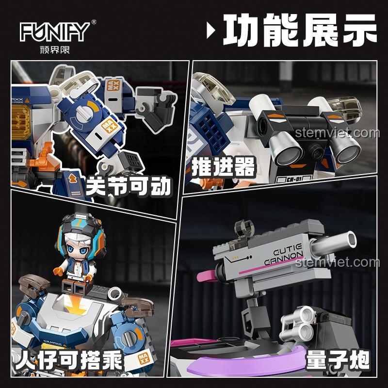 Đồ chơi mô hình FUNIFY W9030 MAXX, minh họa các tính năng cơ bản như khớp nối di chuyển, bộ đẩy, pháo lượng tử, minifigure có thể ngồi.