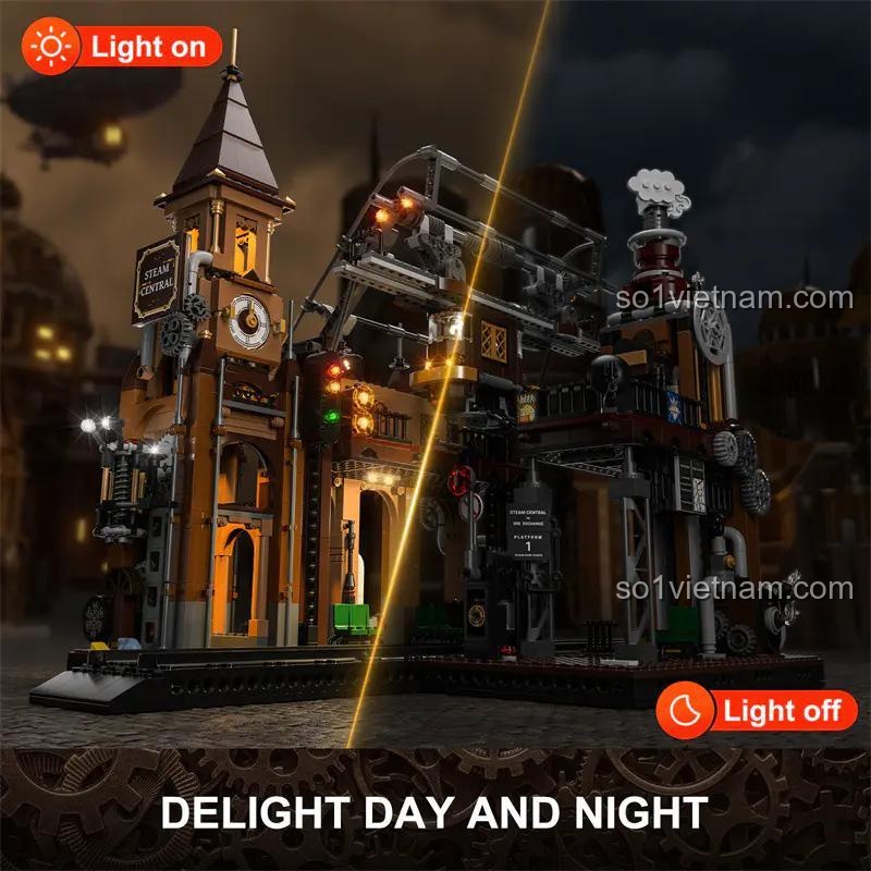 Ga tàu hơi nước phong cách Steampunk FunWhole F9007 với đèn LED bật sáng, bộ lắp ghép 1843 chi tiết