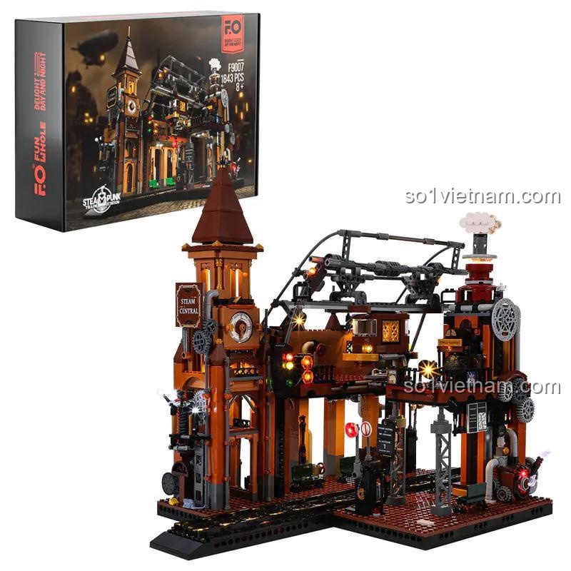 Hộp sản phẩm Ga tàu hơi nước phong cách Steampunk FunWhole F9007, bộ lắp ghép 1843 chi tiết, 8+ tuổi
