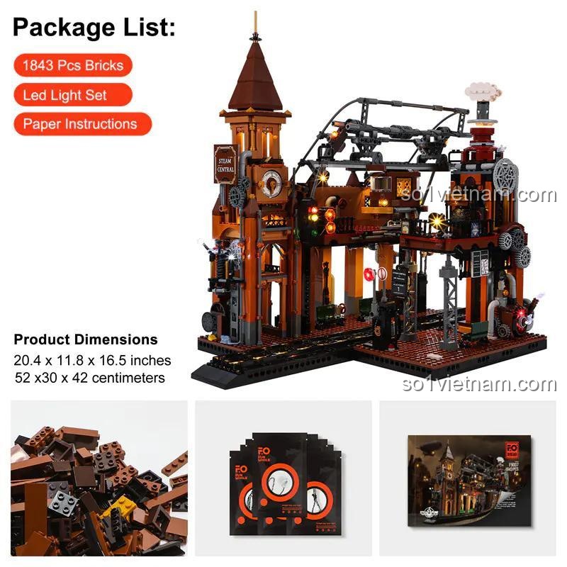 Kích thước mô hình Ga tàu hơi nước phong cách Steampunk FunWhole F9007