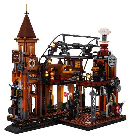 Ga tàu hơi nước phong cách steampunk FunWhole F9007, bộ đồ chơi lắp ghép 1843 chi tiết, có đèn LED, phù hợp cho bé 8 tuổi