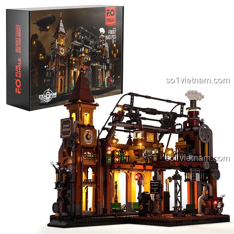 Mô hình Ga tàu hơi nước phong cách Steampunk FunWhole F9007 và hộp sản phẩm, bộ đồ chơi 1843 chi tiết