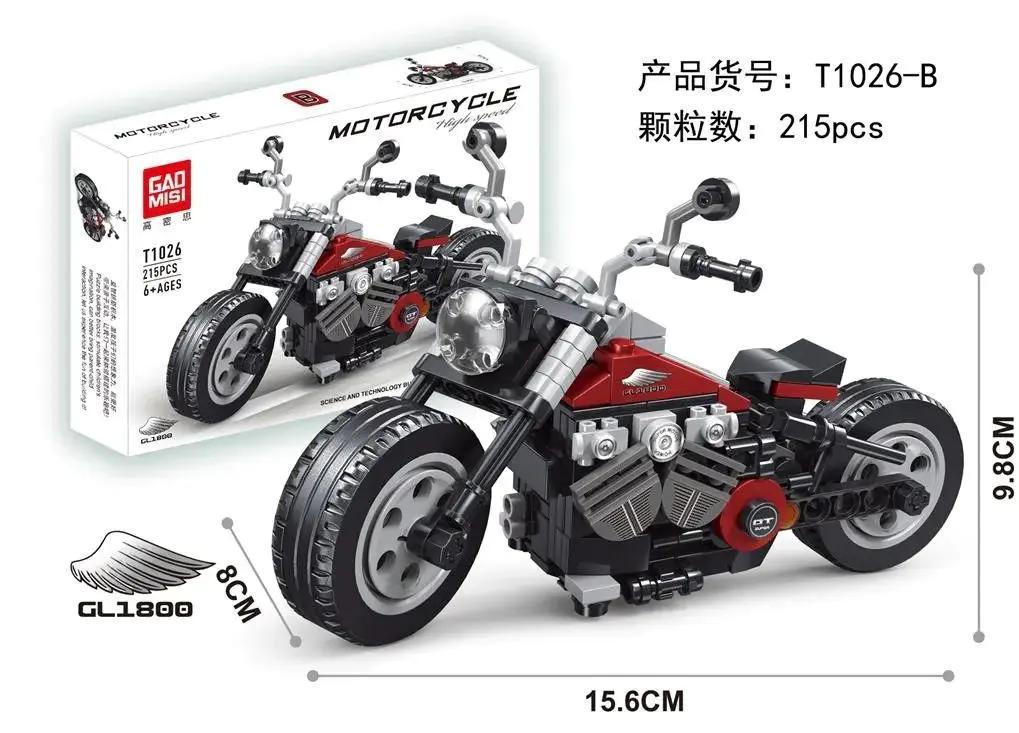 Bộ lắp ghép Mô tô Harley GAOMISI T1026-B giá tốt cho bé trai 6 tuổi, có ảnh hộp sản phẩm và kích thước chi tiết.