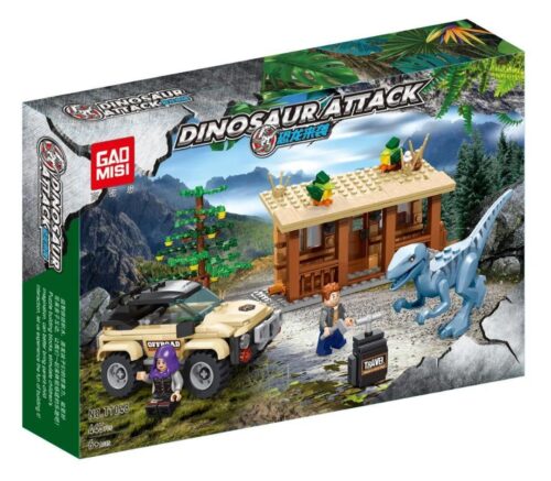 Hộp đồ chơi lắp ghép GAOMISI T1048 Khủng long tấn công, gồm xe địa hình, nhà gỗ và 2 minifigures, phù hợp cho bé trai 6 tuổi.