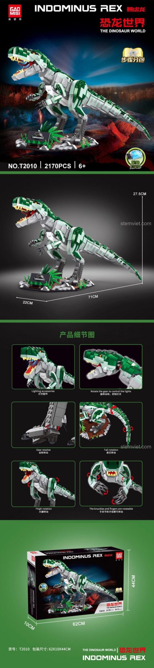 Chi tiết tính năng của bộ xếp hình GAOMISI T2010 Indominus Rex từ Jurassic World, với đèn LED và các khớp cử động, dành cho con trai.