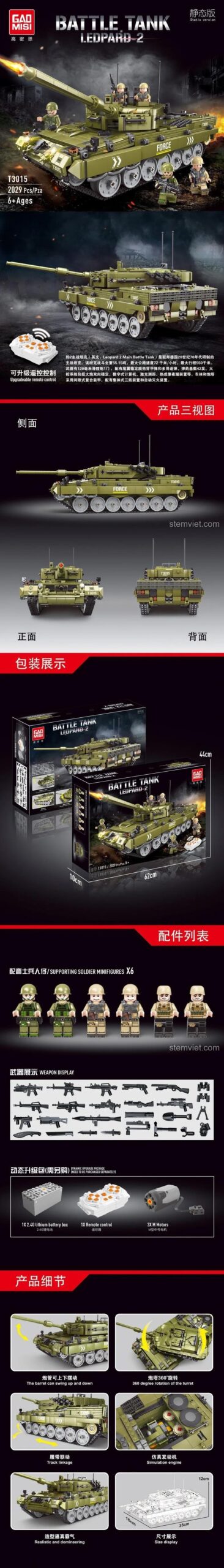 Chi tiết bộ xếp hình xe tăng RC GAOMISI T3015 với 6 lính và tính năng bắn đạn, dành cho con trai trên 6 tuổi.