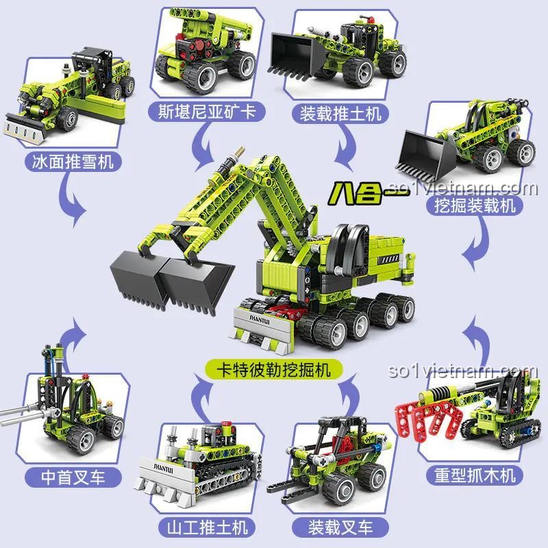 Đồ chơi xây dựng Xe công trình 8 trong 1 GBL KY1081, bộ khối lắp ghép Mô hình máy xúc, phát triển tư duy cho bé trai