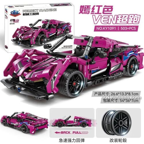 Ảnh tổng hợp các tính năng nổi bật của đồ chơi mô hình Siêu xe thể thao màu đỏ tươi GBL KY1091, bao gồm kích thước sản phẩm, kích thước hộp và động cơ kéo lùi.